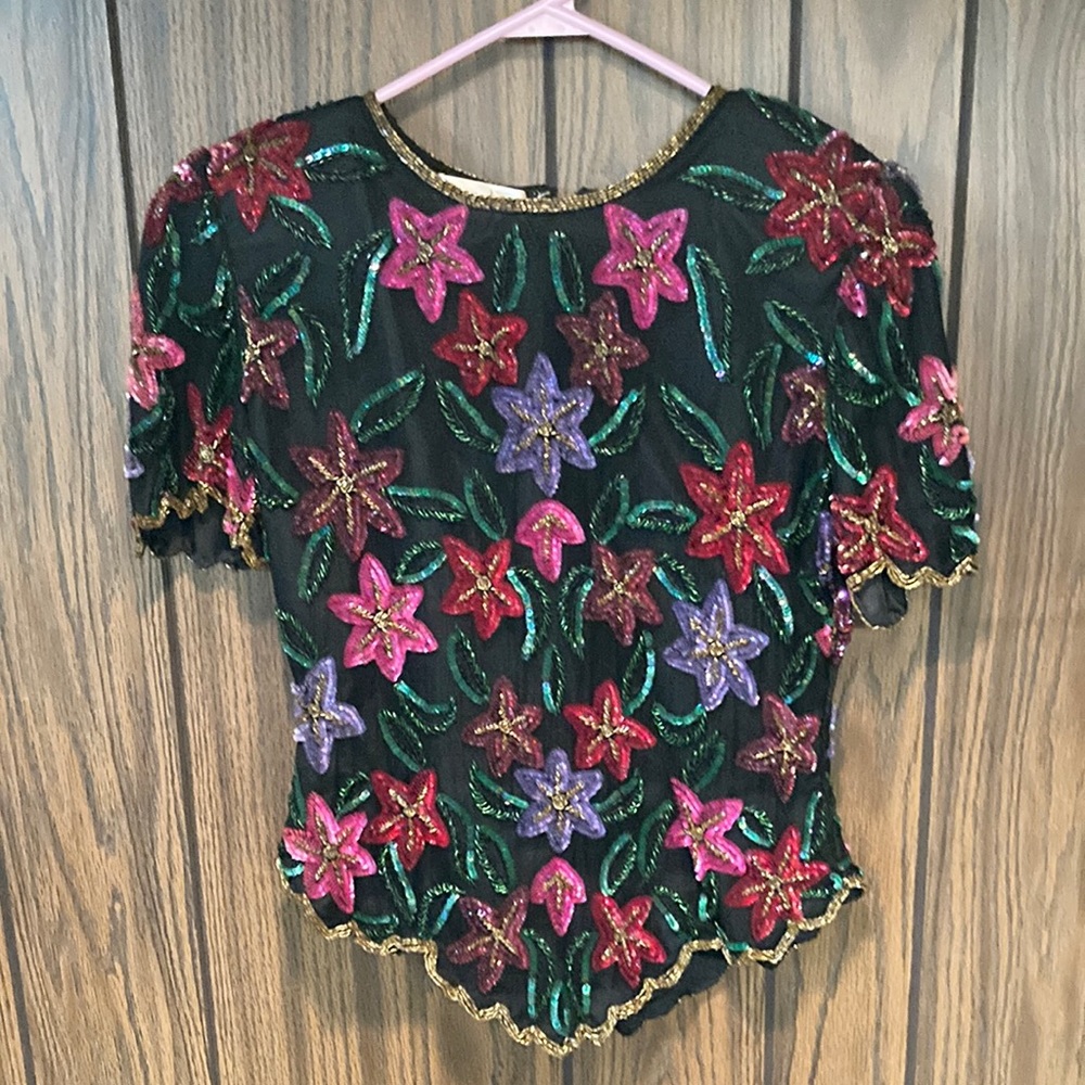 Laurence Kazar Beaded Floral Top
